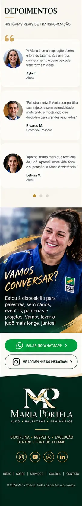 Depoimentos demonstrativos. Vamos conversar. Contato e rodapé Maria Portela.